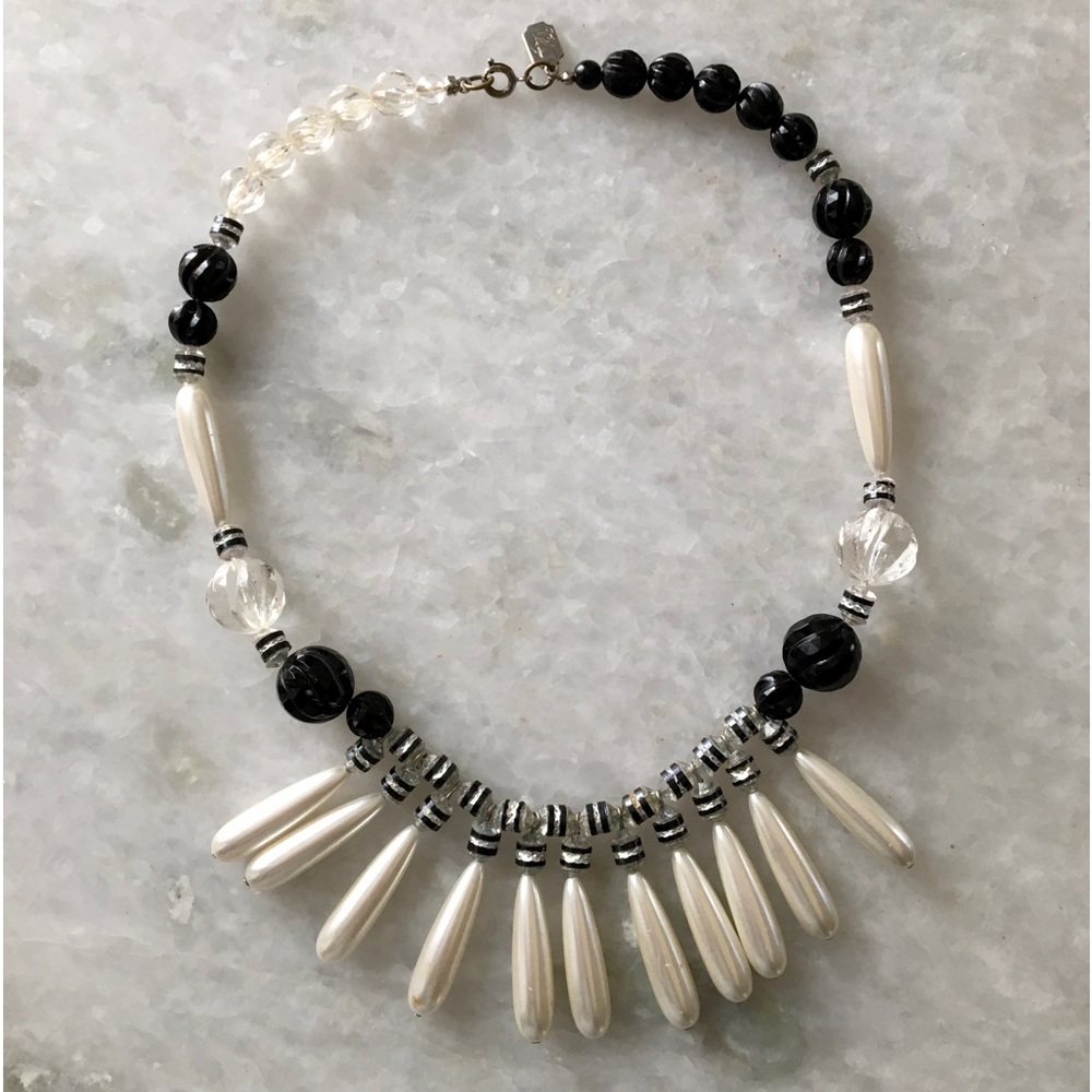 Vintage Pearl Drop and Black Bead Statement Necklace - Elegant Women's Jewelry